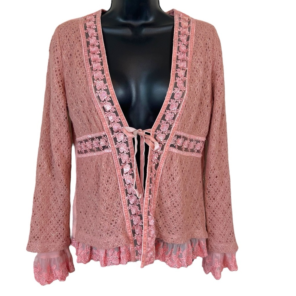Anthropologie hazel Dusty Rose Lace Knit Tie-Front Cardigan